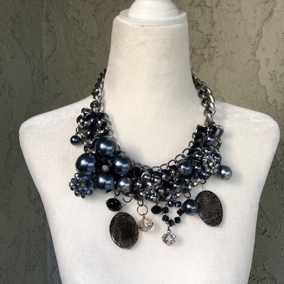 Jewelry - Navy Blue Crystal Bead and Chain Bib Necklace